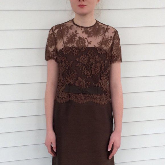 Brown Lace Gown 60s Evening Party S - Picture 1 of 5